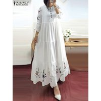 Modest Women Floral Printed Muslim Abaya Dress 3/4 Sleeve Maxi Vestidos Robe Femme ZANZEA Summer Sundress Elegant Loose Kaftan