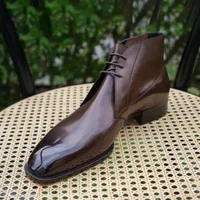 Men Boots Brown Green Lace Up Business Cowboy Boots Handmade Combat Ankle High Top Shoes Pu Leather Bota Masculina