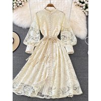 Vintage Court Style Lace Dress Women Elegant Hollowed Out Lantern Long Sleeve Slim Party Dresses Ladies Beige Black Long Robe