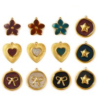 2PCs 304 Stainless Steel Charms 18K Gold Plated Enamel Flower Heart Round Bow Pentagram Pendants For DIY Necklace Jewelry Making