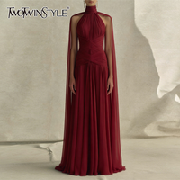 TWOTWINSTYLE Elegant Patchwork Folds Dresses for Women Stand Collar Cloak Sleeve High Waist Solid Long Dress Female Fashion 2026