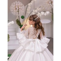 Customized Flower Girl Dress For Wedding Beading Pearls Bow High Waist Floor Length Luxury Kids Birthday First Communion Gown