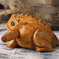 Thai Hand‑Carved Fortune‑Bringing Wooden Frog Traditional Croaking Sound‑Making Craft Feng Shui Tabletop Ornament for Home & Off