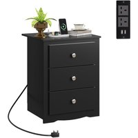 3Drawer Wooden Bedside Table with Charging Station, USB Ports amp Plug Sockets, Nightstand with Storage for Bedroom, Living Roo