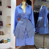 Women Two Piece Dress Sets Summer Striped Long Sleeve Shirt Dress + Waistband Shirt Skirt Woman Fashion Holiday Outfits New