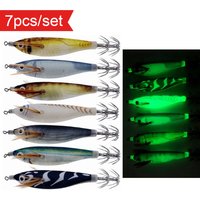 7Pcs/Set Horizontal Squid Jig Egi Set Lifelike Shrimp Lure with Soft Feather, Luminous Saltwater Bait for Squid Cuttlefish