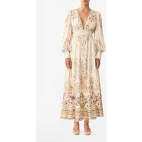 2026 Women Retro Silk Maxi Dress Floral Print Crystal Beaded V-Neck Lantern Sleeve Single Breasted Elegant Ladies Robe