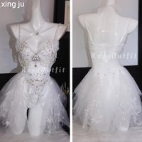 Xing Ju Custom Women's Luxury Diamond Beaded Bodysuit White Mesh Skirt Sexy Nightclub Club Rave Outfit Stage Performance Costume