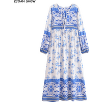 2024 BOHO White Blue Totem Print Bow Lacing up Neck Long Straight Dress Women Viscose Cotton Full Sleeve Maxi Robe Holiday