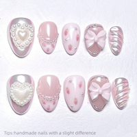 10Pcs Handmade Almond Nails Set Press on Strawberry Pearl Love Design Fake Nails 3D Bow Flower Reusable False Nails Tips