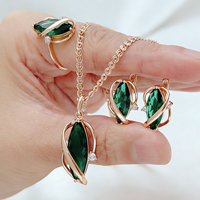Kinel Shiny Green Natural Zircon Jewelry Sets for Woman Fashion 585 Rose Gold Color Ring Earrings Necklace 3Pcs Vintage Jewelry
