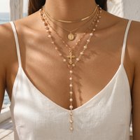 Layered Cross Necklace for Women Virgin Mary Pendant Pearl Y Lariat Vintage Religious Gold Dainty Jewelry Church Daily Wear Gift