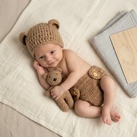Newborn Baby Photo Props Bear 3 Piece Knitted Set Hat Shorts Bear Plush Toy Photography Accessories