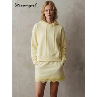 Streamgirl Lace Sweatshirt Skirt Set Women Suit With Mini Skirt Sets 2 Piese Outfit Spring Summer Yellow Luxury Matching Sets