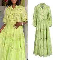 High Quality Hollow Out Long Dresses 2 Piece Set Women 2025 Spring Summer Holiday Lace Embroidery Tops+Maxi Skirts Suits