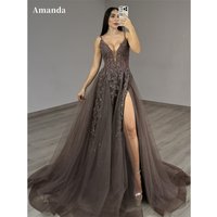 Amanda Customized A-Line Deep V-Neck Sequinned Appliques Prom Dress Sleeveless vestidos de noche Side High Split Formal Evening