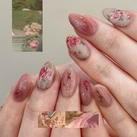 24pcs Almond Rose Simi Fake Nails Press On Nails with Gentle Flower Designs Wearable Gradient Temperament False Nails Long Round