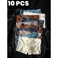 10PCS Men's Summer Satin Underwear Ice Silk Briefs Breathable Comfort Lightweight Smooth Flat Luxury Solid Color Boxer Shorts
