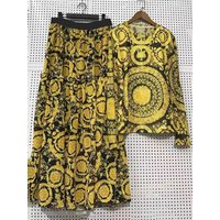 Designer's retro geometric printed knitted gauze T two-piece suit 2026 spring women's dress+loose plus size skirt fashion suit