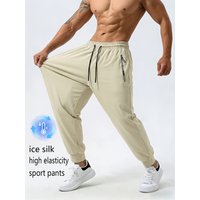 Men's Summer Ice Silk Trousers With High Elasticity And Comfortable Zipper Pockets Casual Training Sports Trousers Sweatpants