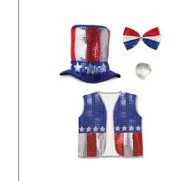 PESENAR USA Patriotic Uncle Sam Costume Set, 4th of July Sequin Outfit with Hat, Vest, Bow Tie & Wig