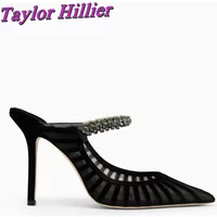 Hollow Rhinestone Mesh Pumps Solid High Heels Pointed Toe Slip On Sandals Stiletto Dress Dating Gentle Women Designer Shoes