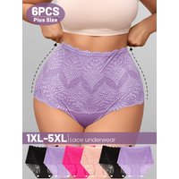 6-Pack Women's Plus Size High-Waisted Lace Underwear - Full Coverage Full-Briefs with Ruffled Edges & Sheer Panels, 1XL-5XL