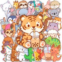 50-100PCS PET Cartoon Animal Stickers, Cute Pet Milk Tea Transparent Decals for Stationery, Helmets, Luggage, Journaling