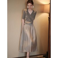 French fashion senior sense half skirt women's summer small A-line silk skirt thin high waist knitted slimming long skirt