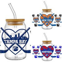 Hockey City Heart UV DTF Cup Wrap Stickers, Ice Hockey Decals for 16oz Libbey Glass Can, Waterproof DIY Tumbler Transfer Sticker