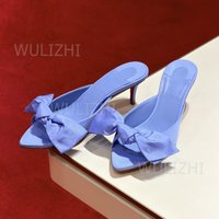 Blue Silk Bow Leather Slippers Sandals Women 6cm 10cm Colorful Canvas Knotted Pointed Open Red Party Cute Beach Shoes Girls