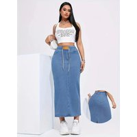 Women's long denim skirt with elastic waist, drawstring, logo patch, slit at the side, A-shaped hip-hugging skirt