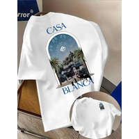 Men's Moroccan City Architecture Beach Print Pure Cotton T-Shirt with Casablanca Font - Sporty and Casual Women's YTK T-Shirt