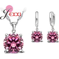 Solid 925 Sterling Silver Jewelry Sets 4 Claws Cubic Zirconia Pendant Necklace Earring Fashion Jewelry For Women SET