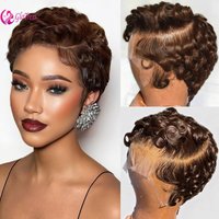 Brown Short Curly Pixie Cut 13x4 Lace Front Wigs Remy Human Hair for Women Chocolate 4# Wavy Layered Glueless Wigs With Bang
