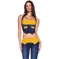 Corduroy Patchwork Splice Denim Halter Neck Corset Jeans Set Fashionable Personality Spring Summer Sweet Spicy Style Comfort Set