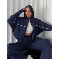 FSMG Casual Oversize Striped Half High Neck Zippers Sports Sets Women's Long Sleeve Sweatshirt Elastic Waist Pants 2 Piece Set