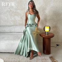RFYR Halter Evening Dress 3D Flowers Prom Dress with Pleats Formal Occasion Dress for Arabic Women vestidos Customized