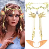 Halloween Anime Elf Princess Crown Cosplay Party Accessories Fairy Ear Earrings Cuffs Wrap Clips Pixie Elven Wings Tassel Chain