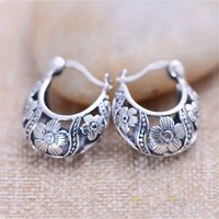 Silver Plated Hoop Earrings for Women, Silvery Flower Pattern, Retro Jewelry, Trendy, Exquisite