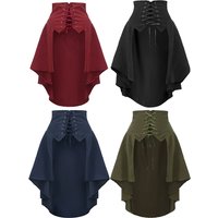 Womens Gothic Steampunk Satiny Pirate Skirt Front Lace-up Tiered Ruffled Irregular Hem Skirt Waist Belt Vintage Medieval Costume