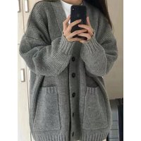Women's Oversized Rib Knit Cardigan Gray Button Front Long Sleeve Casual Sweater with Pocket
