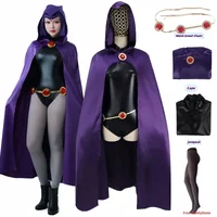 Teen Titans Raven przebranie na karnawał kostium damski magiczna dziewczyna Cosplay walczące body komplet z fioletowym płaszczem z kapturem