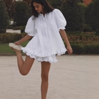 Women 2 Piece Shorts Set Puff Sleeve Button Down Blouse And Ruffle Hem Shorts White Cotton Look Casual Outfits Summer Streetwear