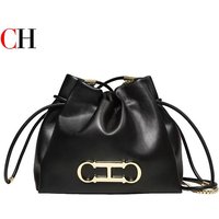 Elegant Drawstring Bucket Bag 2026 Shoulder Handbag with Gold CH Logo Versatile Chain Strap Crossbody Purse for Ladies