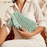 XMESSUN New Trend Papyrus Woven Tassel Bag for Women,Beach Vacation Bag Fashion Designer Female Casual Straw Envelope Clutch Bag