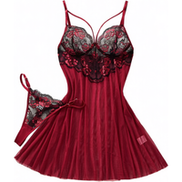 Weinrotes Babydoll-Lingerie-Set mit Rosen-Blumenstickerei, Netzstoff, Bügel-Nachthemd und passendem Tanga, Damen-Schlafanzug ZA825133