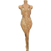 Sparkly Gold Rhinestones Tassels Birthday Celebrate Evening Dress Women Sexy Transparent Performance Dance Costume Stage Wear