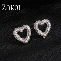 ZAKOL Simple Exquisite Hollow Love Zircon Women's Stud Earrings Micro-set Shiny Charming Party Wedding Jewelry Accessories