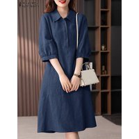 ZANZEA Women Cotton Shirt Dress 2024 Summer Lapel Neck Dresses Korean Office 3/4 Sleeve Midi Vestidos Elegant Solid Buttons Robe